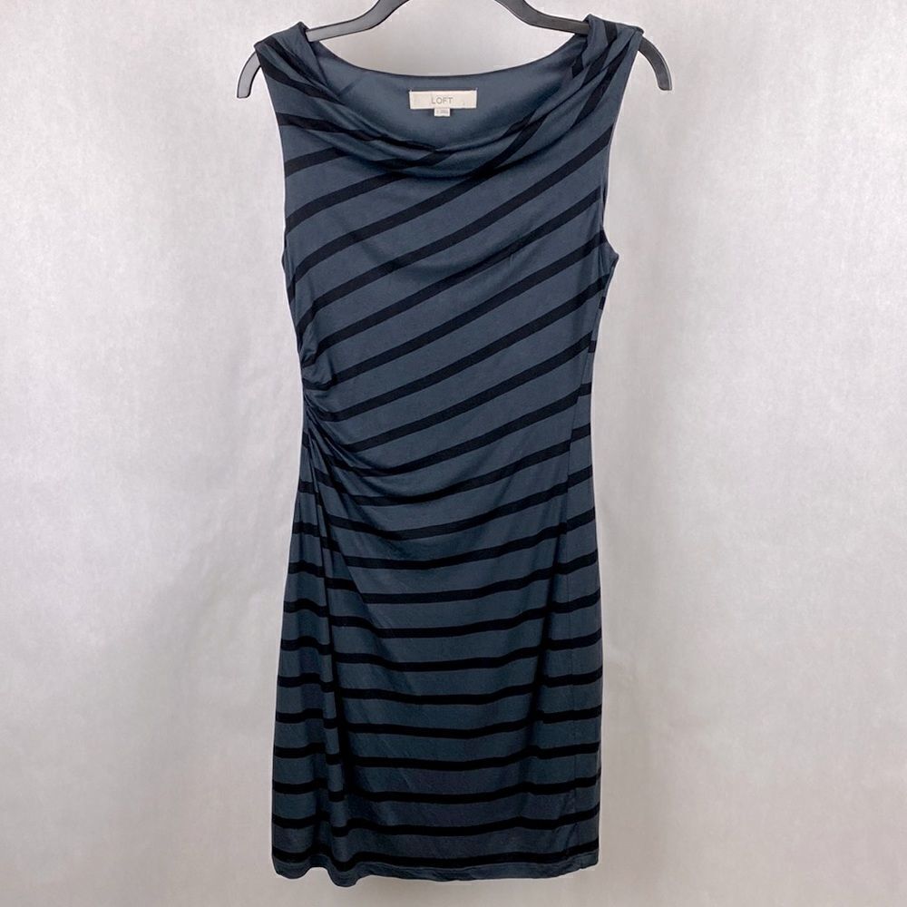 Loft Sheath Dress Sleeveless Black Gray Stripe Small Drape Neck Gathered Side